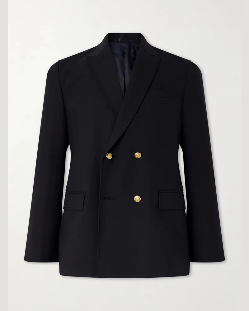 Beams Plus Double-Breasted Grain de Poudre Wool Blazer Blue