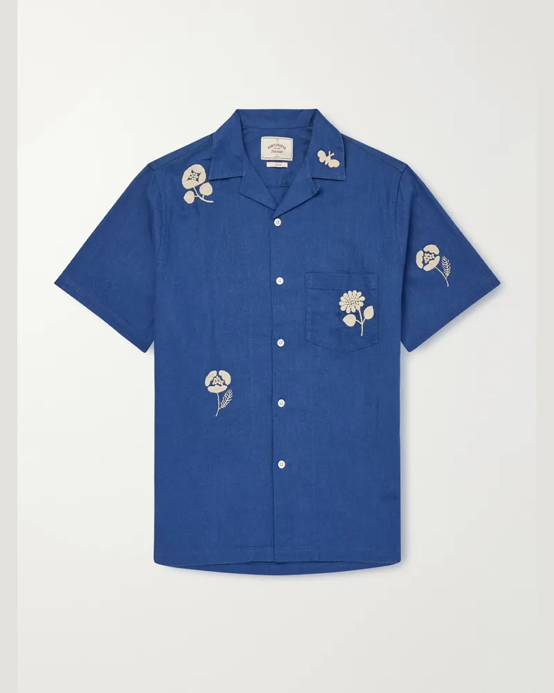 Portuguese Flannel Hemd aus Ramie mit Stickereien und wandelbarem Kragen Blau