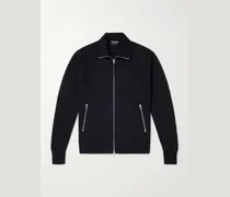 Leather-Trimmed Merino Wool Cardigan