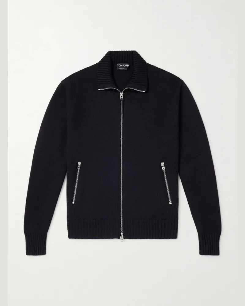 Tom Ford Leather-Trimmed Merino Wool Cardigan Black