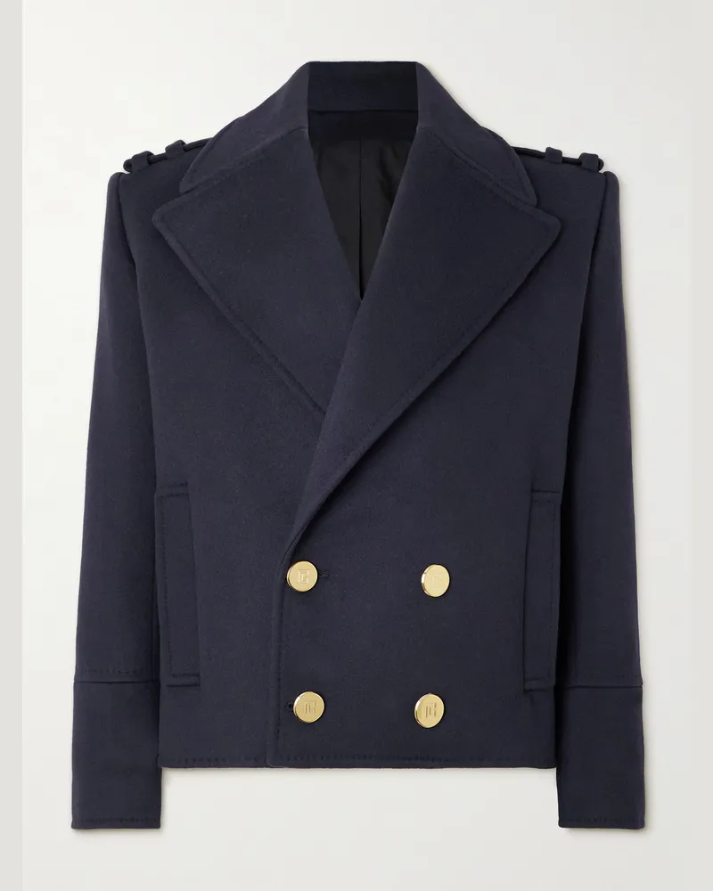 Balmain Doppelreihiger verkürzter Peacoat aus einer Schurwoll-Kaschmirmischung Blau