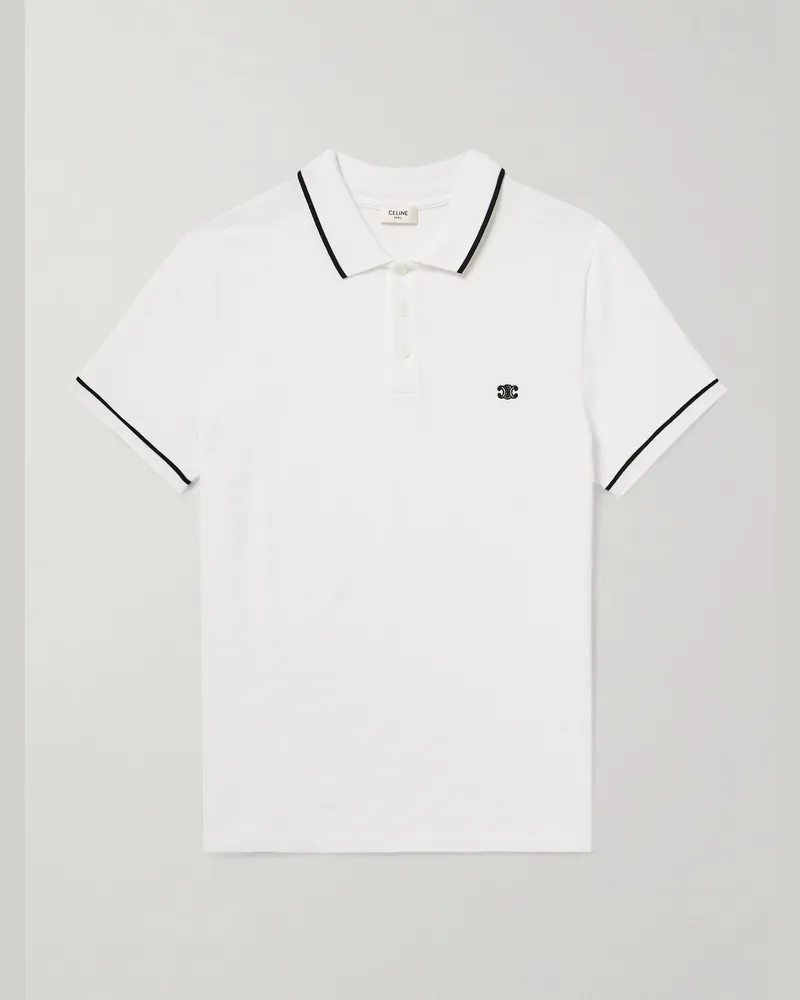 Celine Schmal geschnittenes Polohemd aus Baumwoll-Piqué mit Logostickerei Weiß