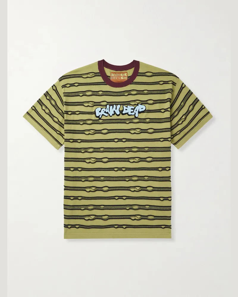 Brain Dead T-Shirt aus Baumwoll-Jersey mit Streifen und Logostickerei Grün