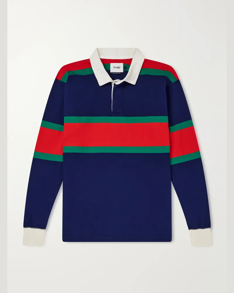 Drake's Striped Twill-Trimmed Cotton-Jersey Polo Shirt Blue