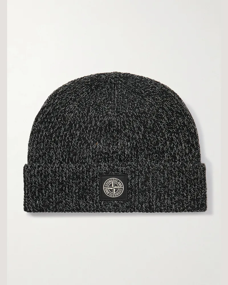 Stone Island Beanie aus reflektierendem Rippstrick mit Logoapplikation Schwarz