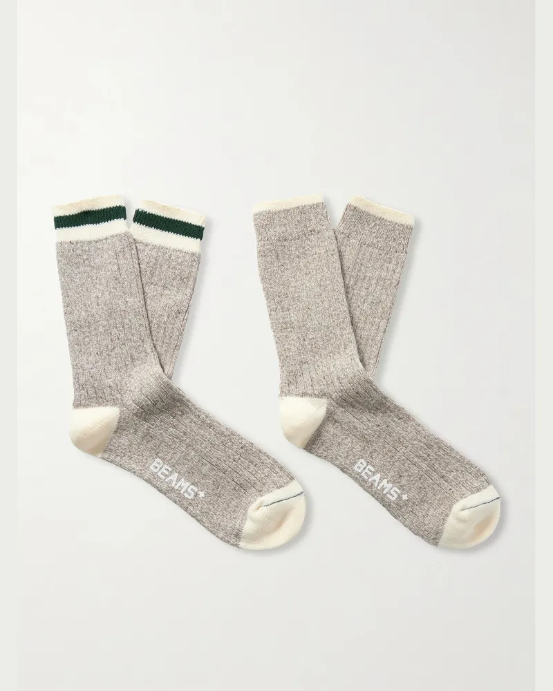 Beams Plus Rag Two-Pack Striped Ribbed-Knit Socks Gray