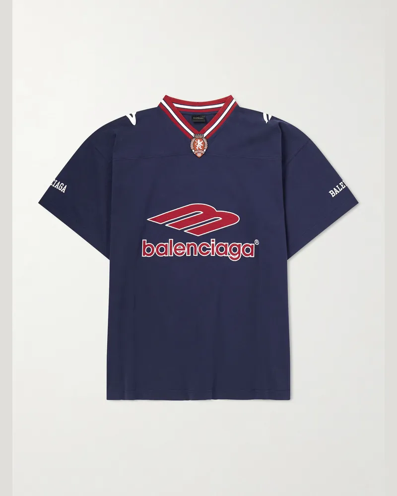 Balenciaga Oversized Embroidered Printed Cotton-Jersey T-Shirt Blue