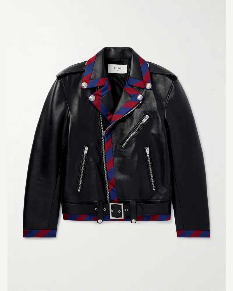 Celine Bikerjacke aus Leder mit gestreiftem Twill-Besatz und Gürtel Schwarz