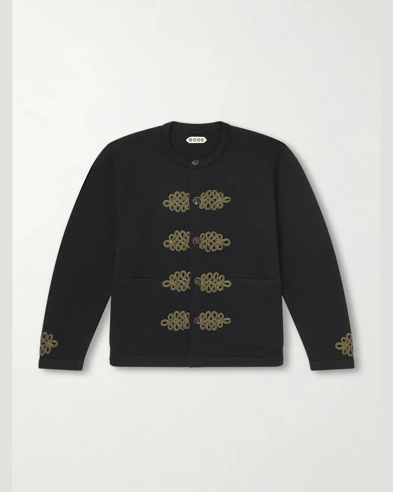BODE Bannister Appliquéd Virgin Wool Cardigan Black