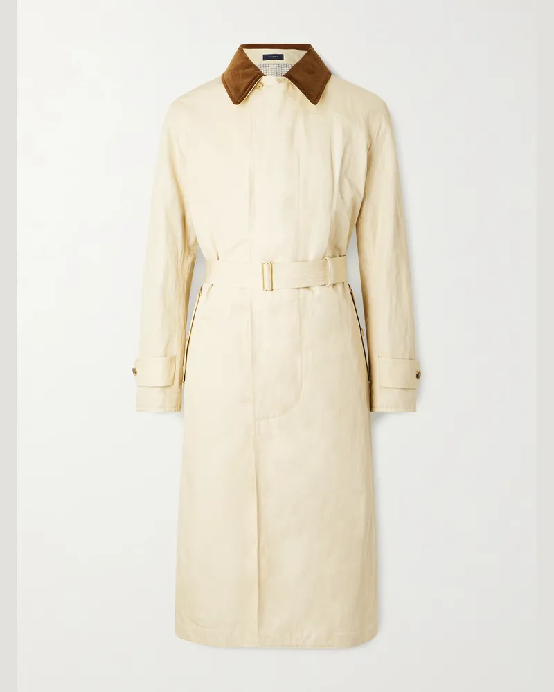 Drake's Rider's Belted Corduroy-Trimmed Cotton-Blend Twill Coat Neutrals