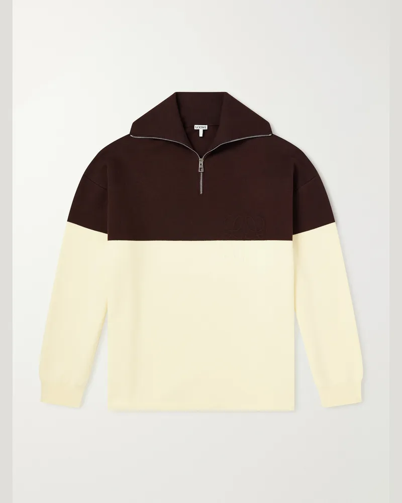 Loewe Anagram-Embossed Two-Tone Cotton-Blend Jersey Half-Zip Sweater Brown