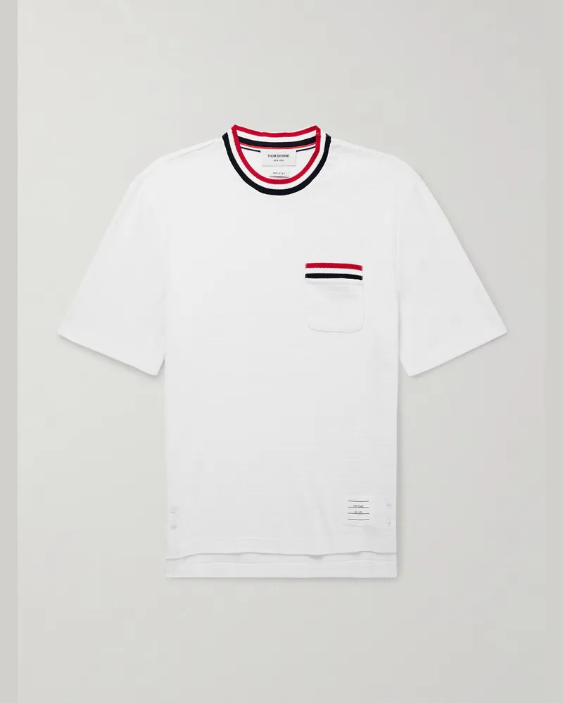 Thom Browne T-Shirt aus Baumwolle in Pointelle-Strick mit Logoapplikation und Streifen Weiß