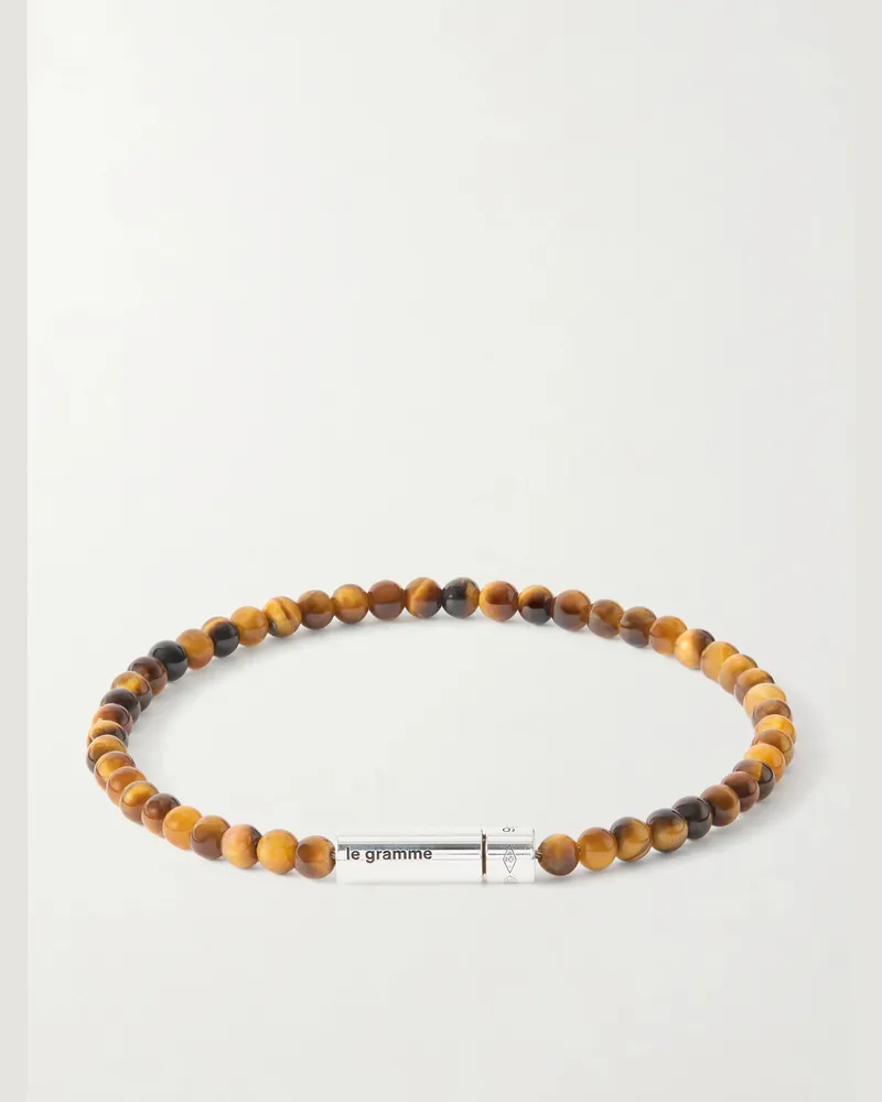 Le Gramme 11g Sterling Silver and Tiger Eye Beaded Bracelet Brown