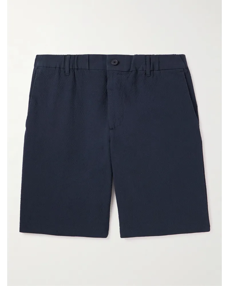 NN 07 Theodor 1040 gerade geschnittene Shorts aus Biobaumwoll-Seersucker mit Stretch-Anteil Blau