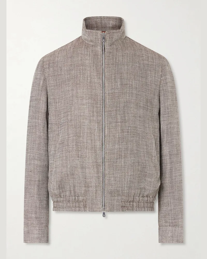 Brunello Cucinelli Herringbone Bomber Jacket Brown