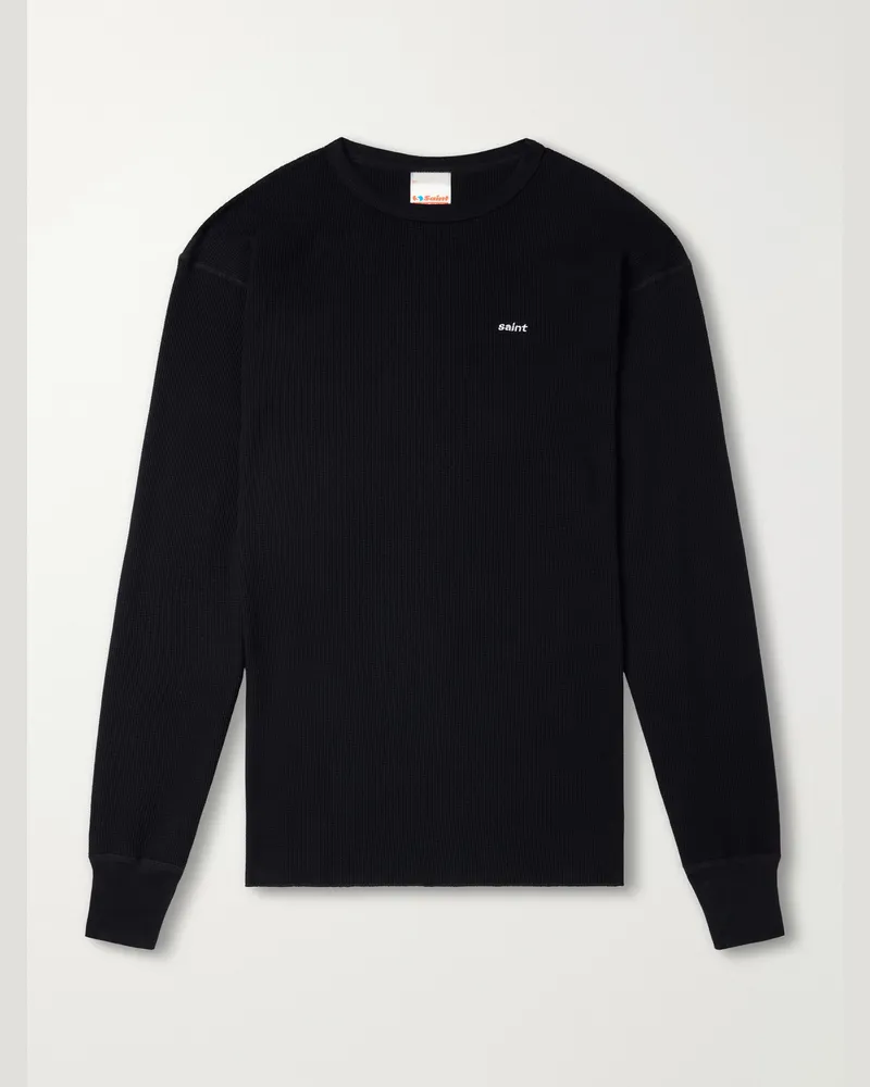 SAINT MXXXXXX Tharmal Logo-Embroidered Waffle-Knit Cotton T-Shirt Black