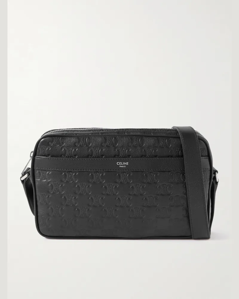 Celine Triomphe Logo-Debossed Leather Messenger Bag Black