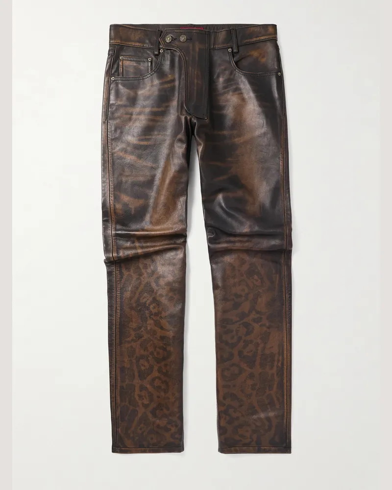 FourTwoFour on Fairfax Gerade geschnittene Hose aus Leder mit Leopardenmuster Schwarz