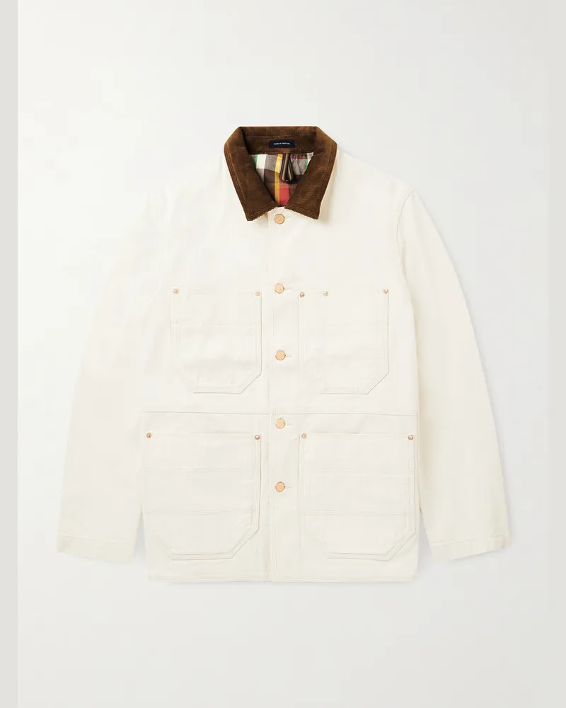 Drake's Welder Corduroy-Trimmed Denim Jacket Neutrals
