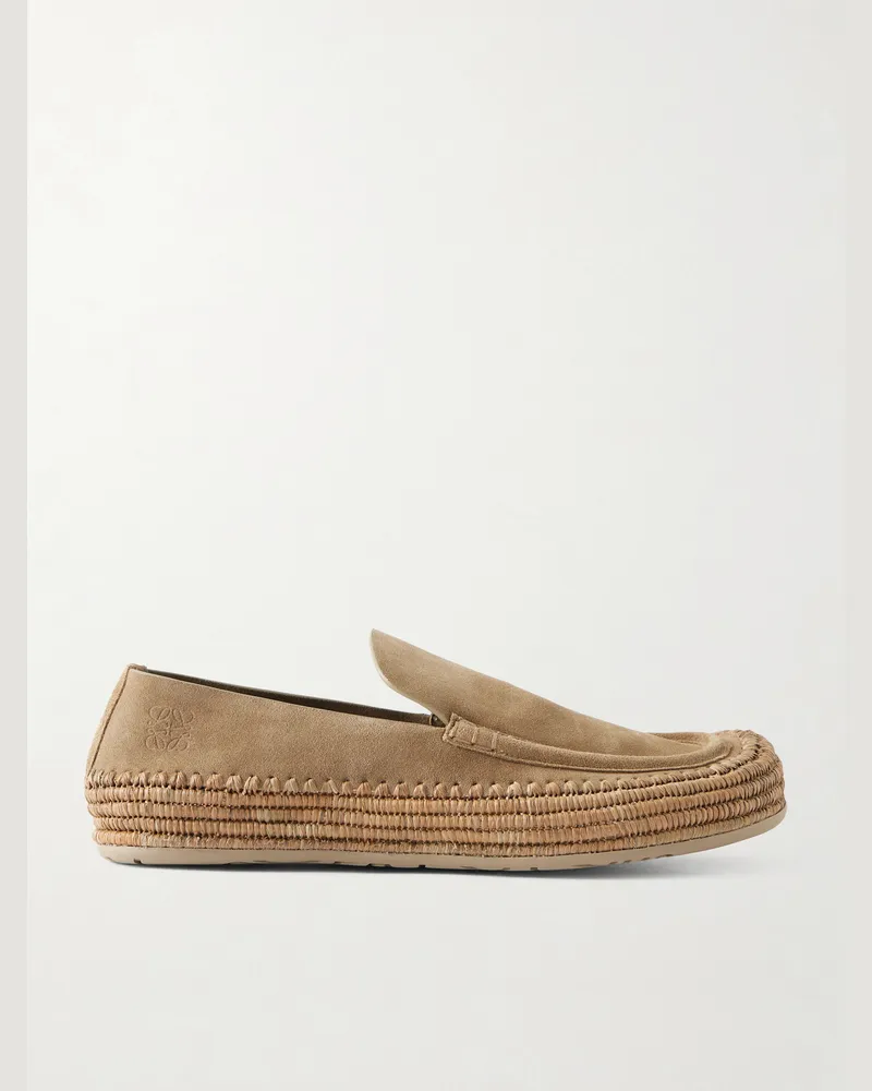 Loewe Paula's Ibiza Rio Raffia-Trimmed Suede Loafers Neutrals