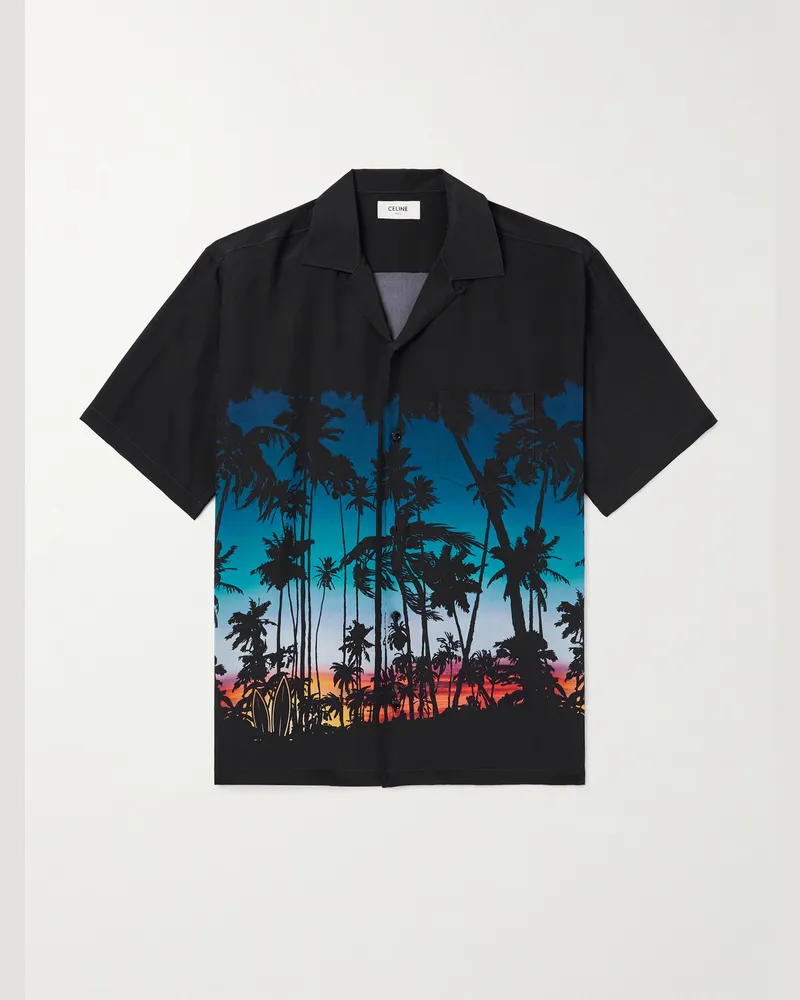 Celine Tropical Sunset Hemd aus bedrucktem Satin mit wandelbarem Kragen Schwarz