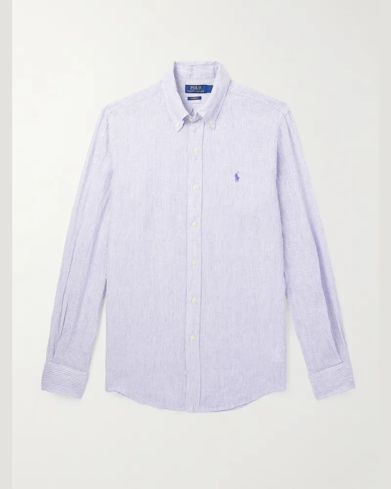 Ralph Lauren Gestreiftes Hemd aus Leinen mit Button-Down-Kragen und Logostickerei Lila