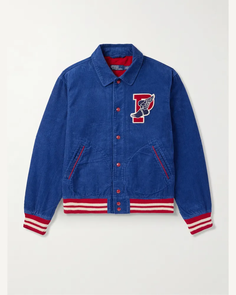 Ralph Lauren Collegejacke aus Baumwollcord mit Logoapplikation Blau
