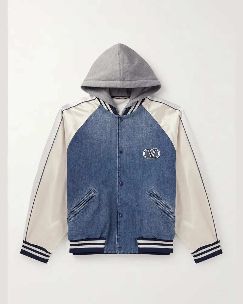 Valentino Garavani Cotton-Jersey, Satin and Denim Hooded Bomber Jacket Blue