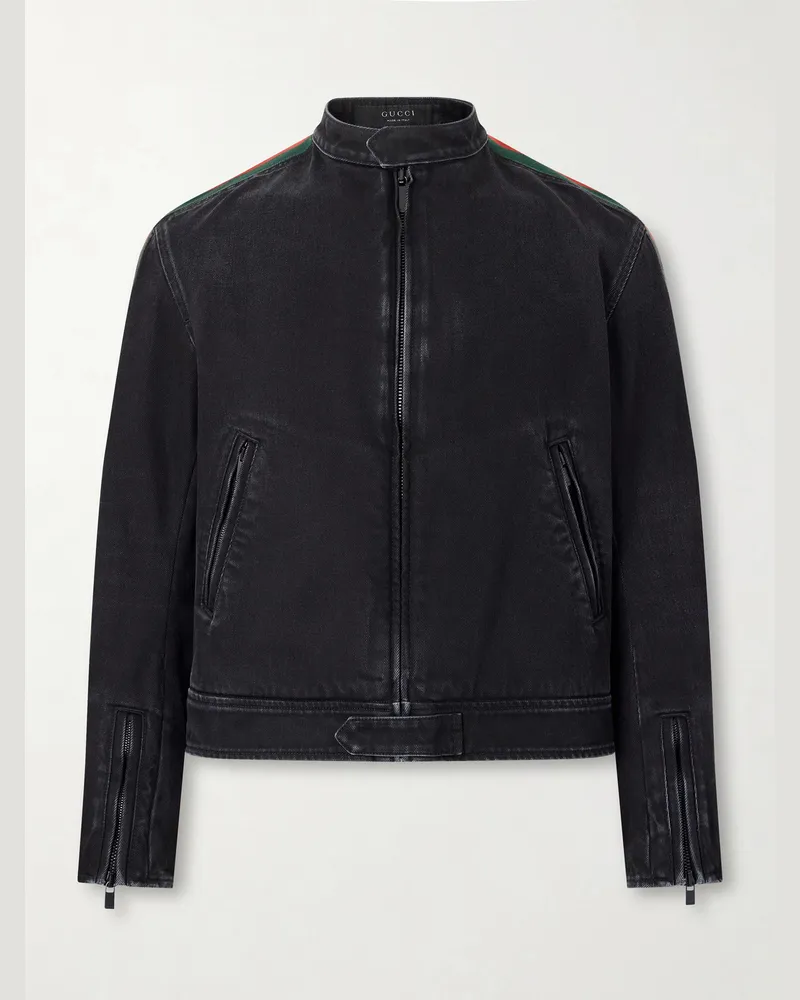 Gucci Webbing-Trimmed Denim Biker Jacket Black