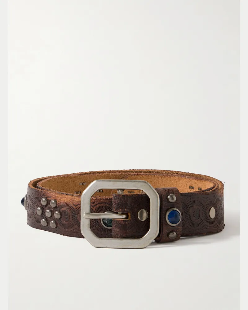 RRL 3cm Distressed Embellished Leather Belt Brown