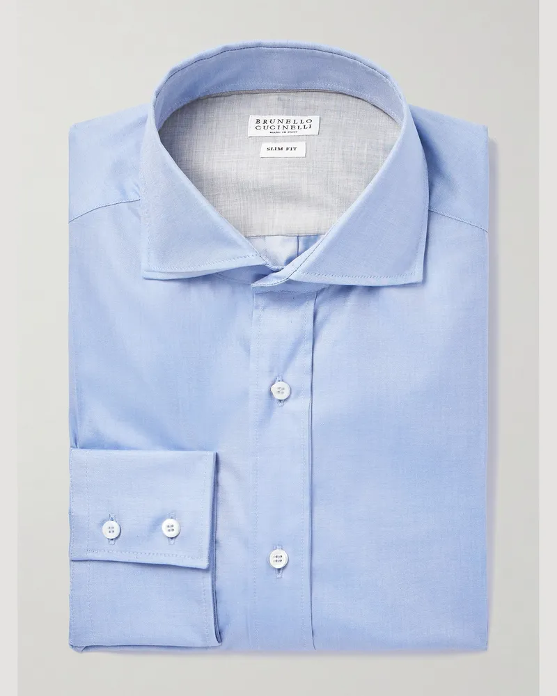 Brunello Cucinelli Schmal geschnittenes Hemd aus Baumwoll-Twill mit Cutaway-Kragen Blau