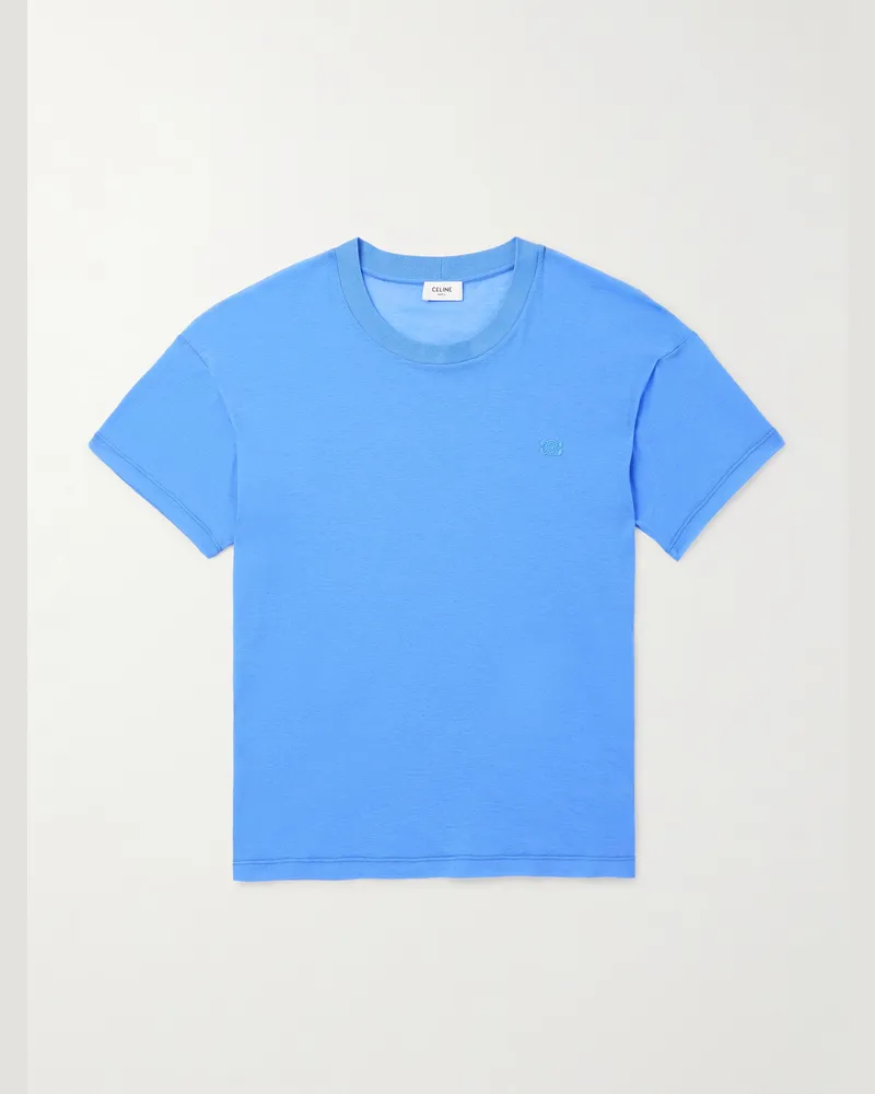 Celine Schmal geschnittenes T-Shirt aus Baumwoll-Jersey mit Logostickerei Blau