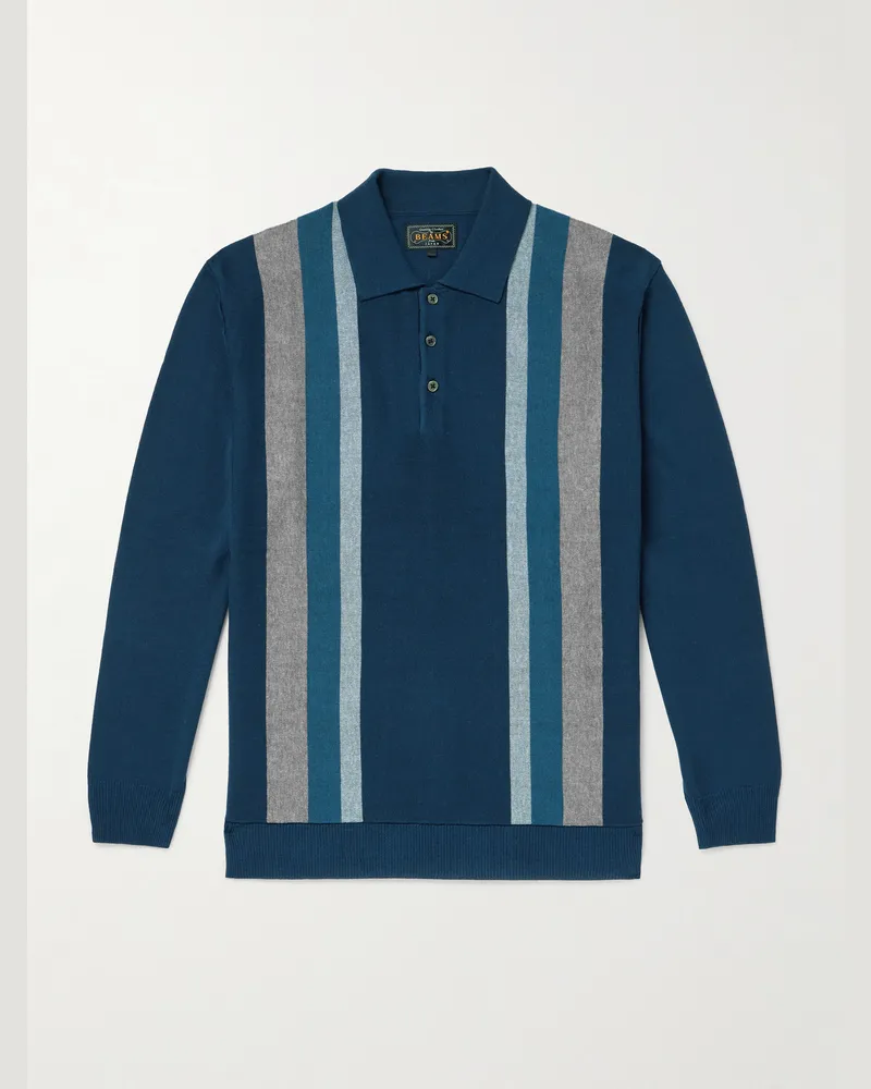 Beams Plus Pullover aus Strick mit Streifen und Polokragen Blau