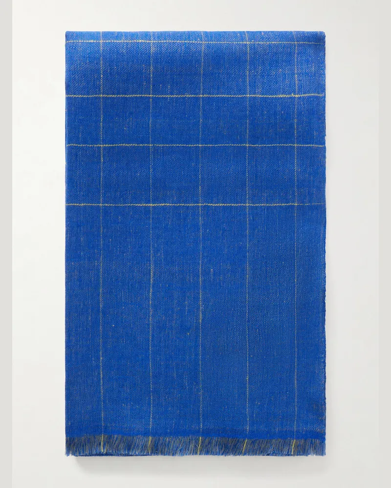 Anderson & Sheppard Frayed Checked Cashmere-Twill Scarf Blue