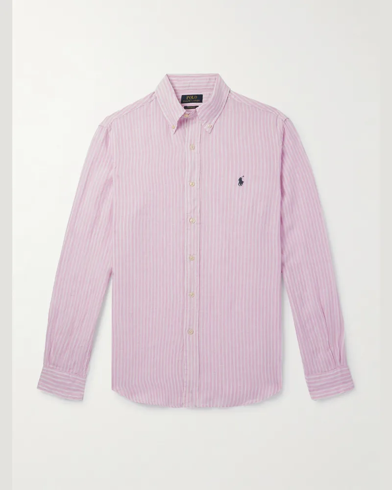 Ralph Lauren Gestreiftes Hemd aus Leinen mit Button-Down-Kragen und Logostickerei Pink