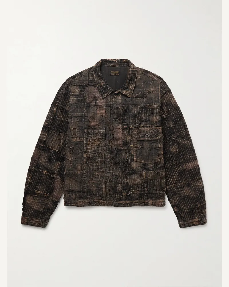 KAPITAL Boro Jacke aus einer Baumwoll-Leinenmischung in Patchwork- und Distressed-Optik Braun