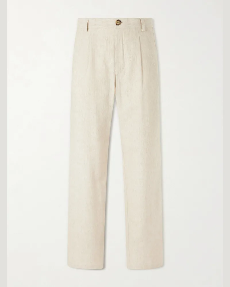 Oliver Spencer Morton Straight-Leg Pleated Cotton and Linen-Blend  Trousers Neutrals