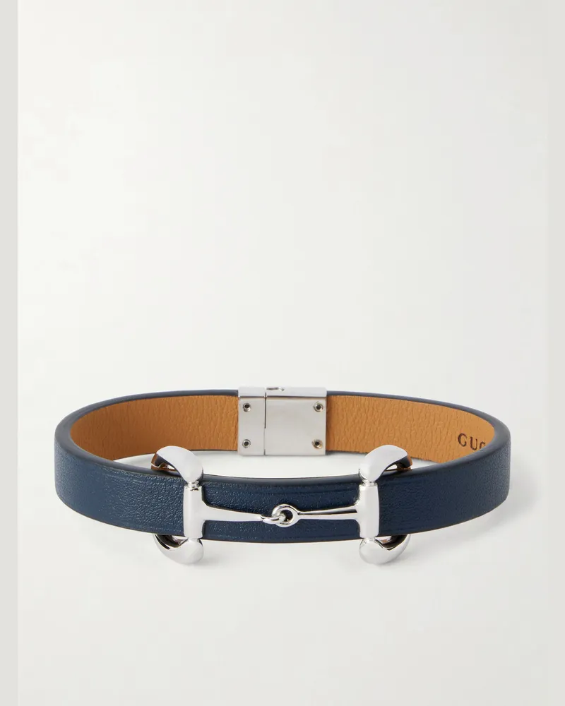Gucci Horsebit-Embellished Silver-Tone and Leather Bracelet Blue