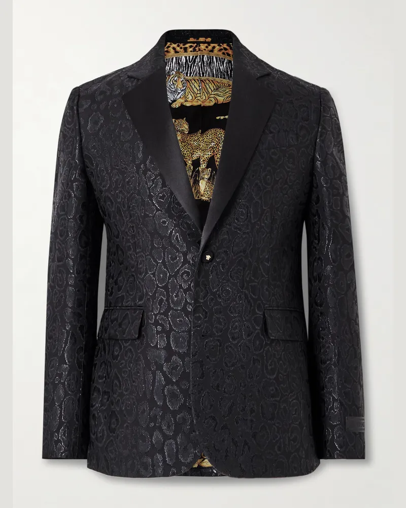 Versace Smokingjacke aus Twill mit Jacquard-Leopardenmuster und Satinbesatz Schwarz