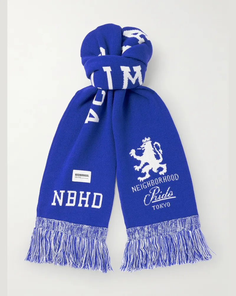 Neighborhood Team Muffler Fringed Jacquard-Knit Scarf Blue