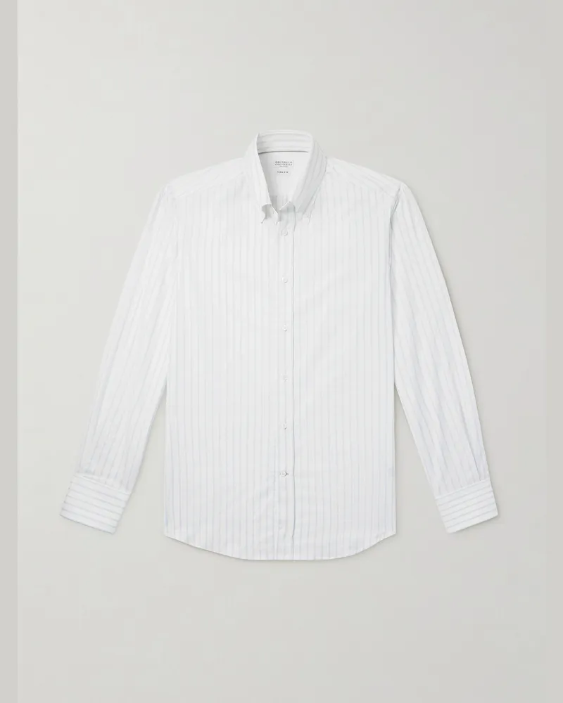 Brunello Cucinelli Gestreiftes Hemd aus Baumwolle mit Button-Down-Kragen Weiß