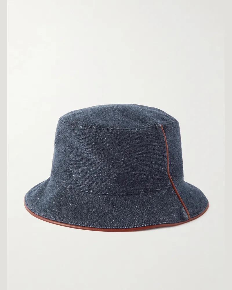 Loro Piana Fischerhut aus Denim mit Lederbesatz und Logostickerei Blau