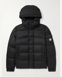 Moncler Daunenjacke mit Kapuze aus gestepptem Wollflanell mit Logoapplikation Schwarz