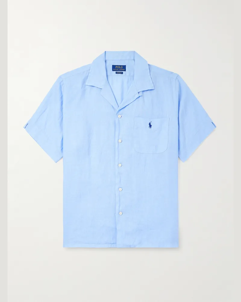 Ralph Lauren Hemd aus Leinen mit Logostickerei und wandelbarem Kragen Blau