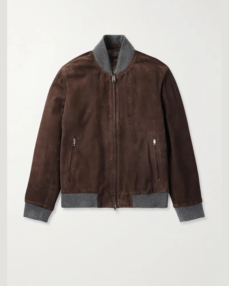 Brioni Bomberjacke aus Veloursleder mit Wollbesatz Braun