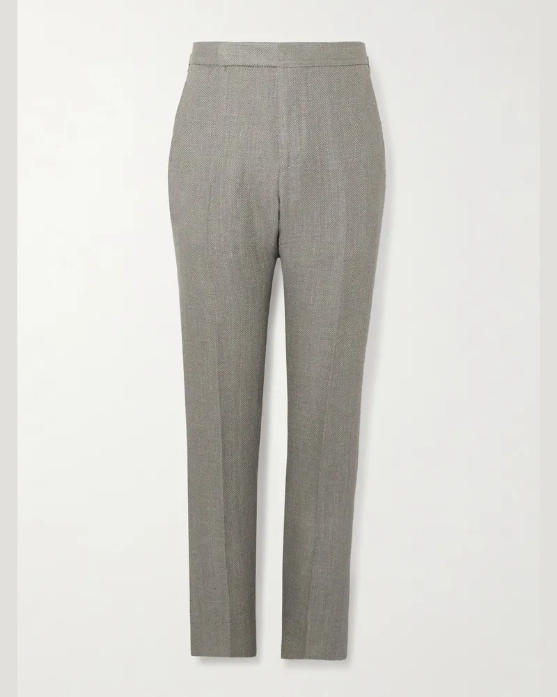 Ralph Lauren Gregory schmal zulaufende Hose aus einer Mischung aus Leinen, Seide und Baumwolle mit Fischgratmuster Grau