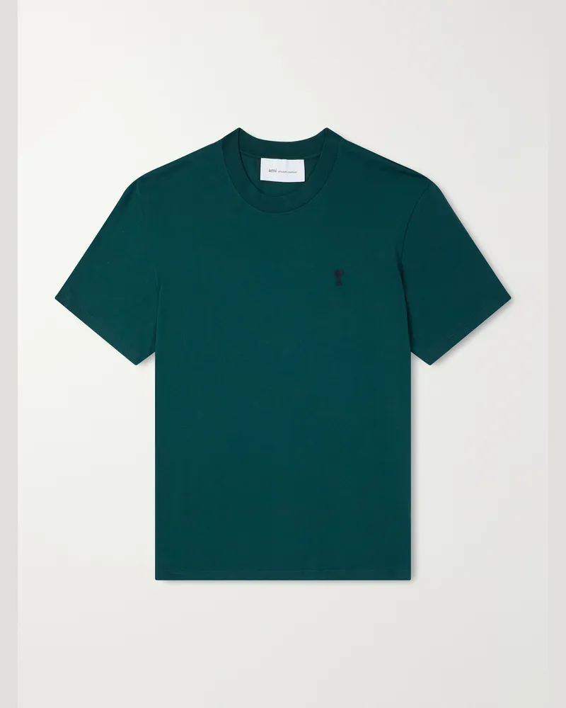 AMI Paris Logo-Embroidered Cotton-Jersey T-Shirt Green