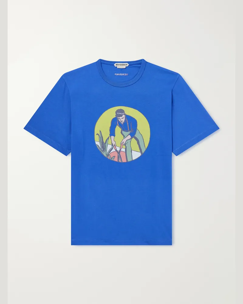 J.W.Anderson Gardener Logo-Embroidered Printed Cotton-Jersey T-Shirt Blue