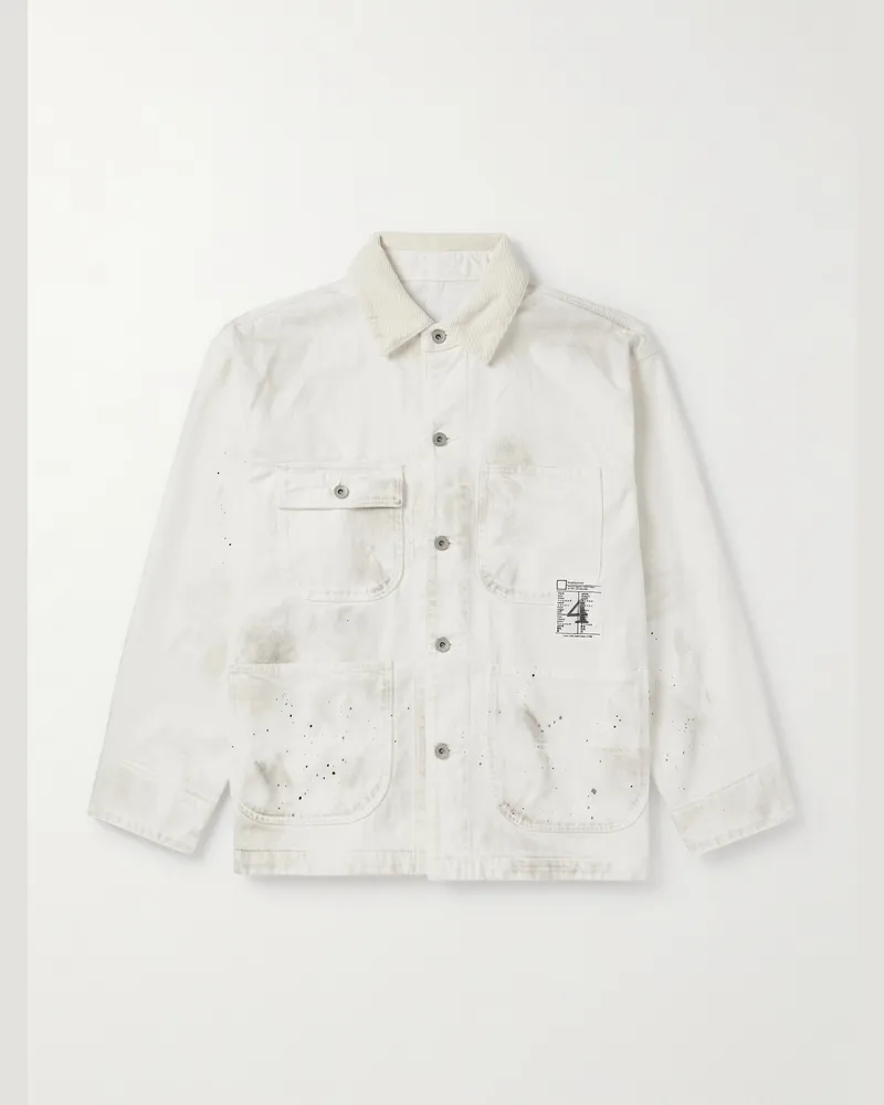 Neighborhood Corduroy-Trimmed Paint-Splattered Denim Jacket White