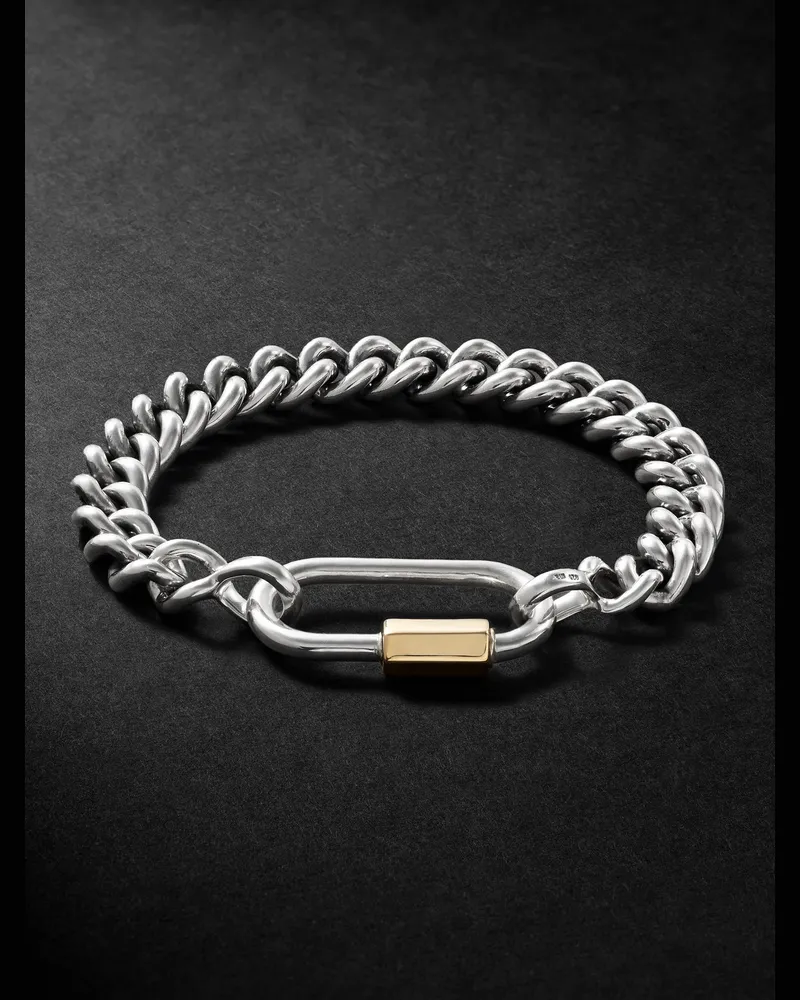Marla Aaron MiniMega Armband mit Regular Lock Anhänger aus Sterlingsilber und Detail aus 14 Karat Gold Silber